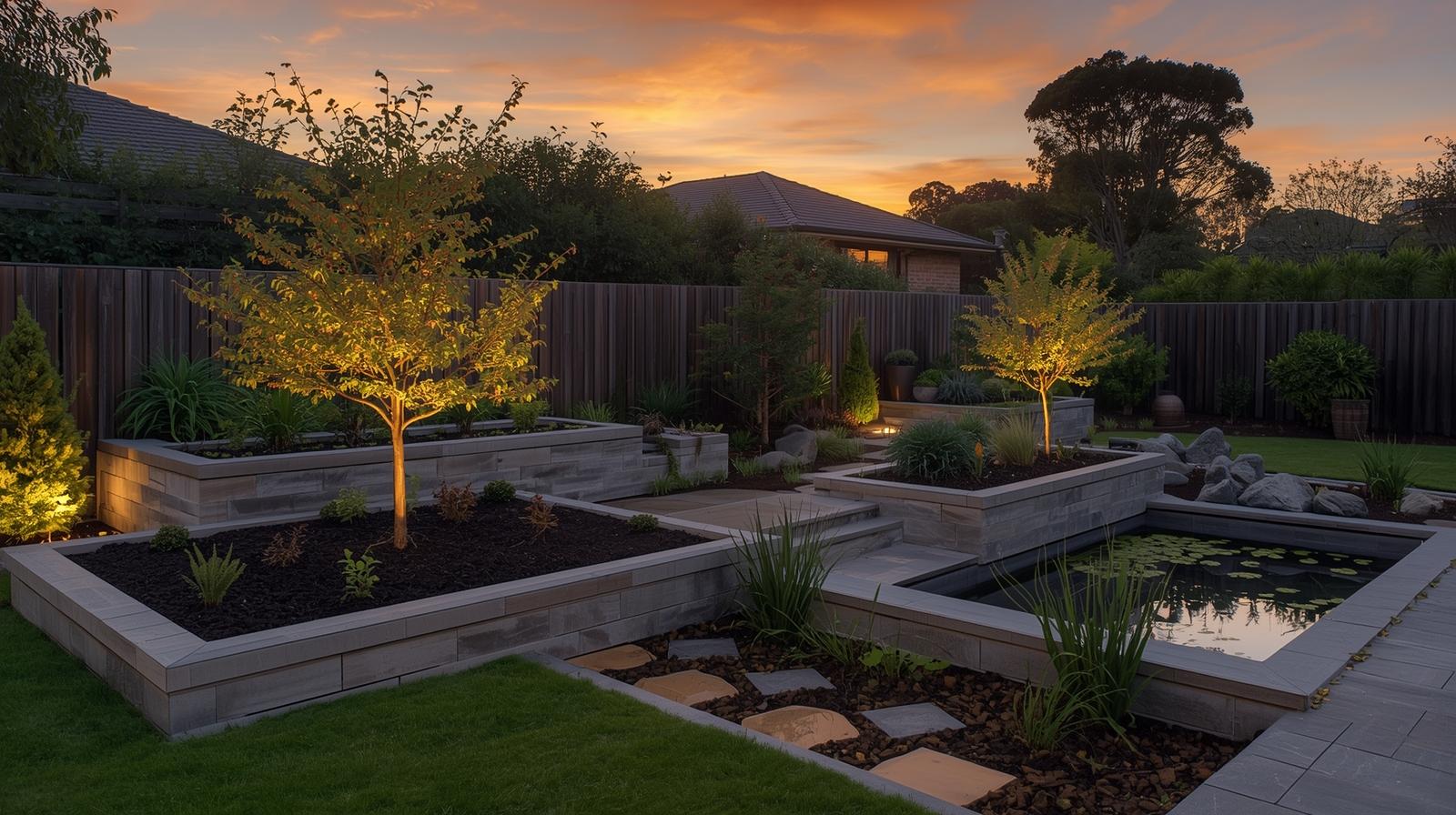 Modern landscaped backyard at sunset with illuminated trees, raised garden beds, and a reflective water feature — North Canterbury outdoor design.