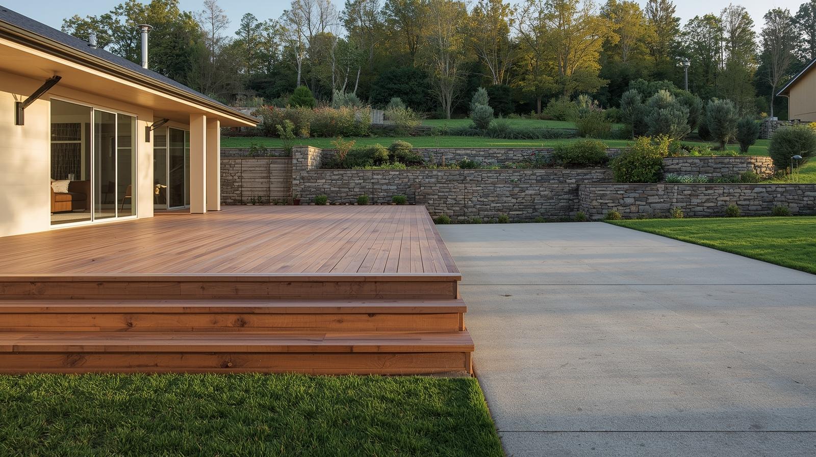 Spacious North Canterbury backyard with timber deck, stone retaining walls, and concrete patio surrounded by lush greenery.