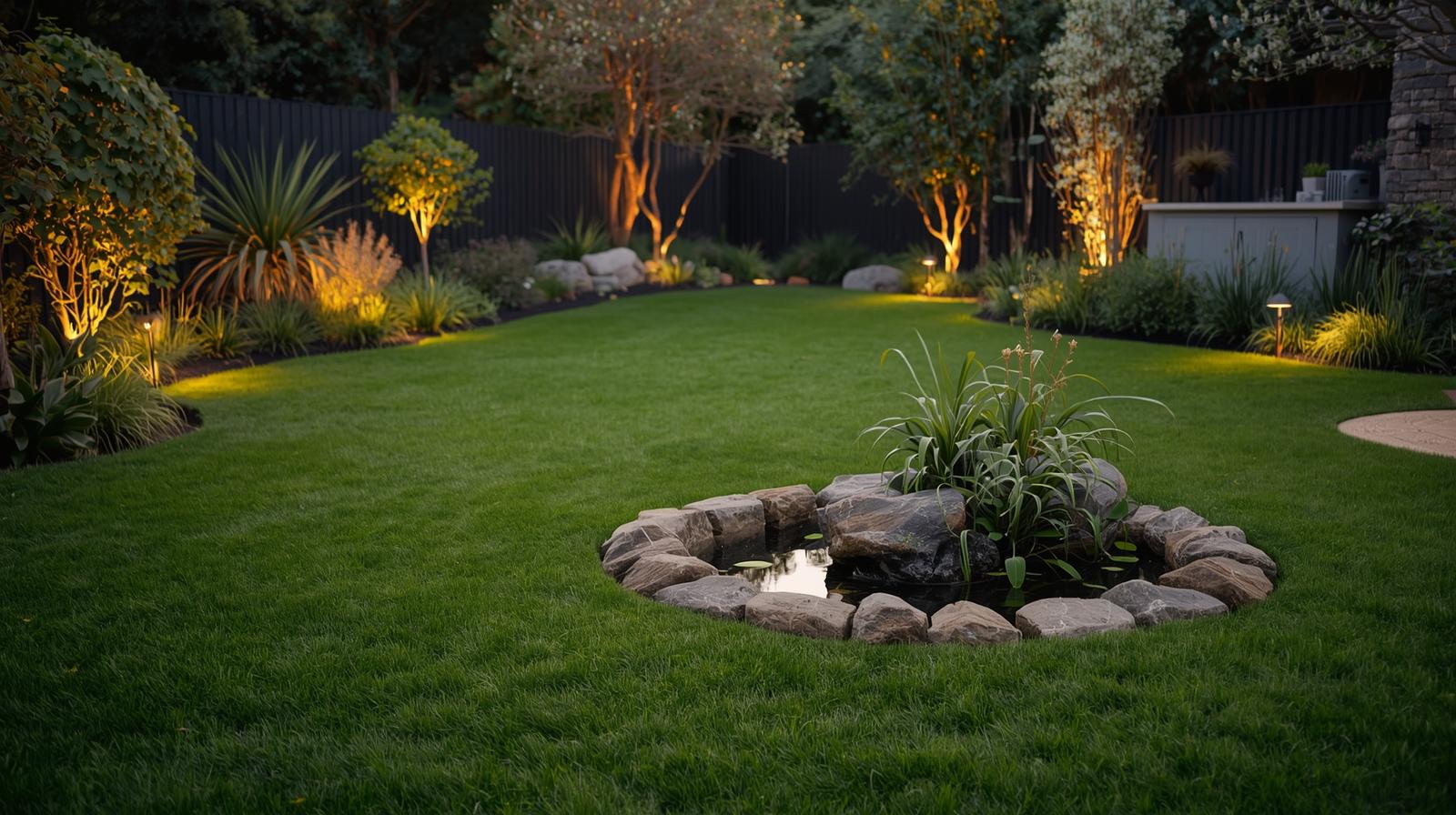Lush green lawn with garden lighting, rock-edged pond, and native plants — professionally designed North Canterbury backyard.