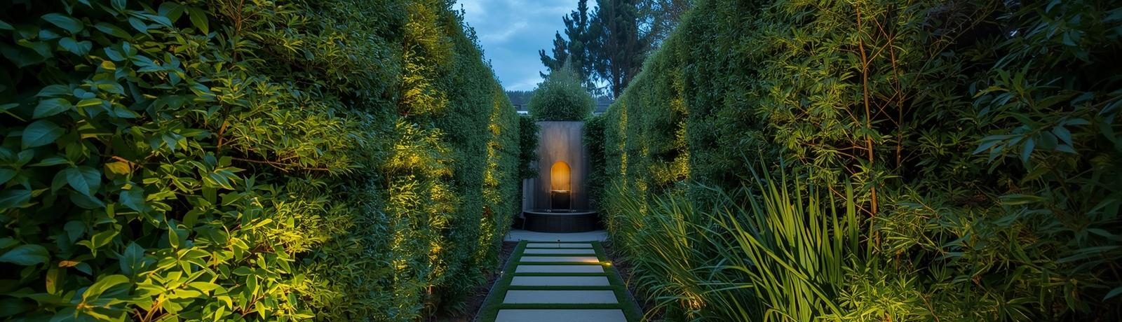 Beautiful landscaped garden pathway with soft lighting and a modern water feature at dusk — North Canterbury outdoor design by Drillscapes.