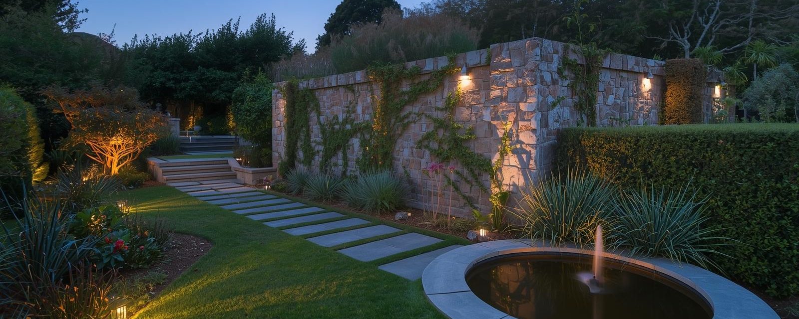 Stone garden wall with soft outdoor lighting, paved path, and small fountain surrounded by lush plants — elegant North Canterbury landscaping.