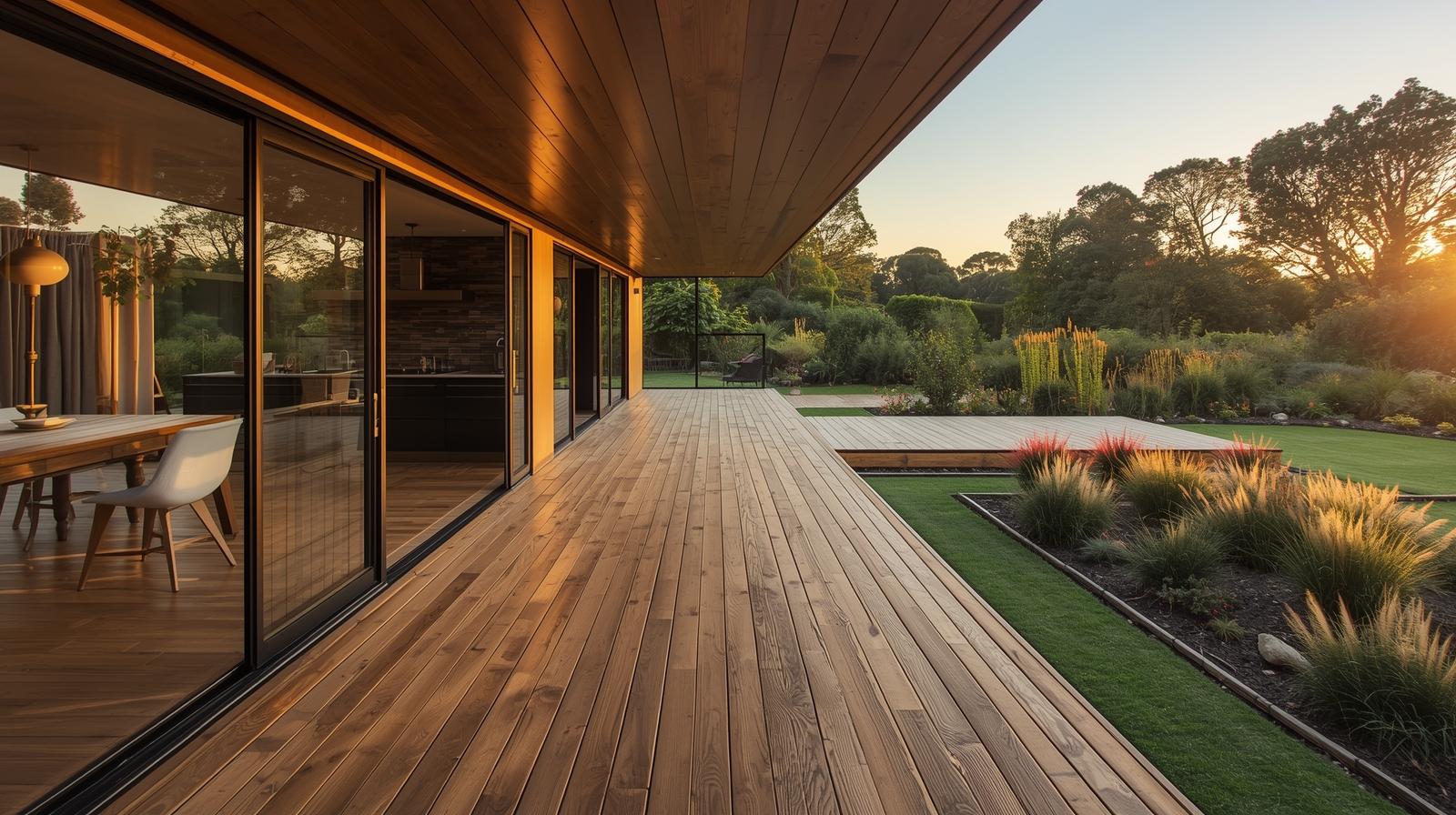 Modern home with wide timber deck overlooking landscaped garden at sunset — North Canterbury hardscaping and outdoor construction.