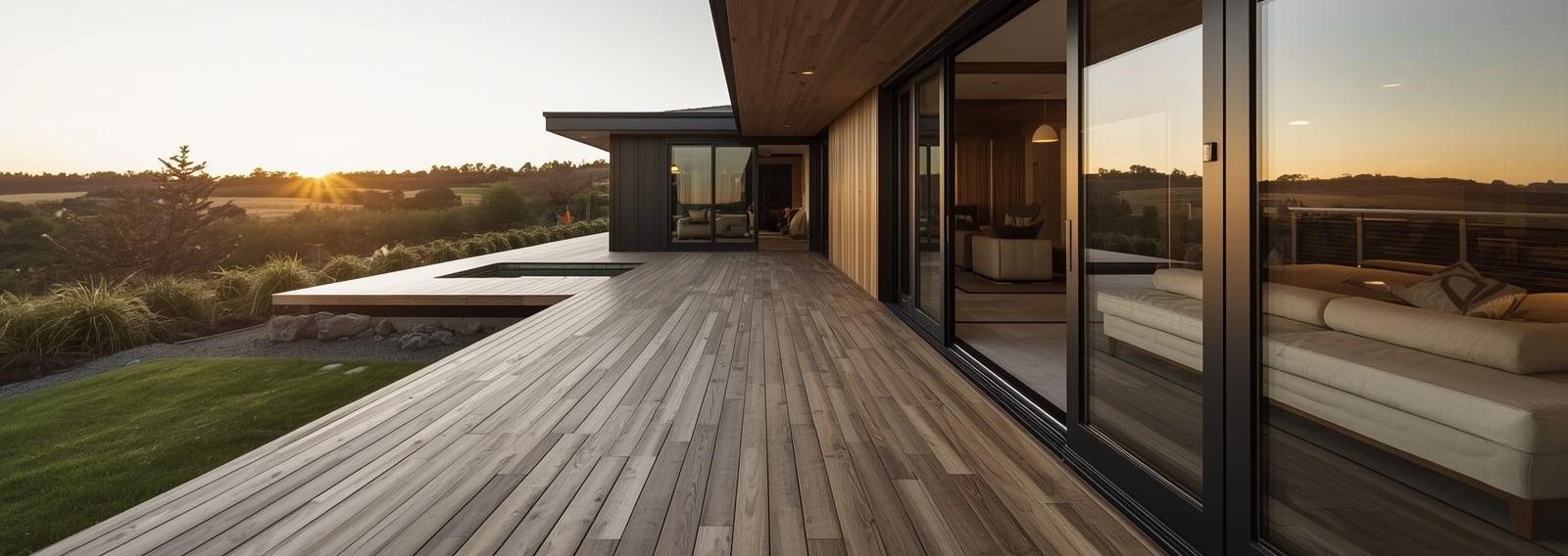 Contemporary house with large wooden deck and glass doors facing open landscape at sunset — North Canterbury deck construction and landscaping.